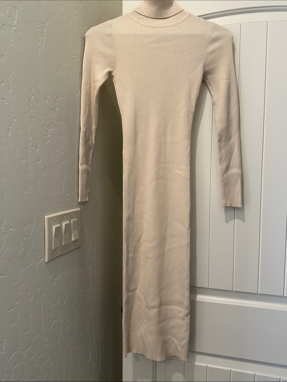 Cream Ribbed Long Sleeve Midi Dress